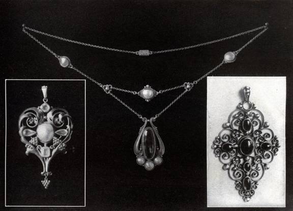 Oxidised silver necklace, pale yellow topaz, and white pearl blisters by Florence A. Richmond
Pendants by Frank Gardner Hale, The Society of Arts and Crafts, Boston
