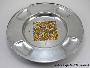 Cellini tray, round, aluminum, with 5-3/4" square ceramic tile inset at center.