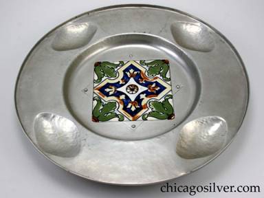 Cellini tray, round, aluminum, with 5-3/4" square ceramic tile inset at center.