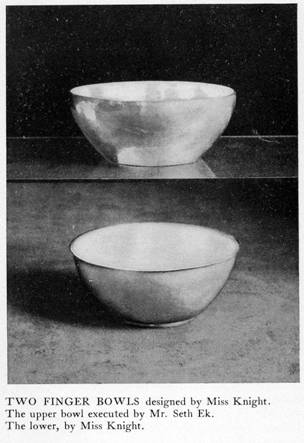 Silver objects from Handicraft, Volume I, 1902-1903.  It is interesting that Mary Knight designed both the bowl that she made and one created by fellow Handicraft Society worker Seth Ek.