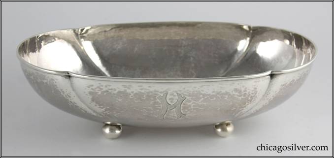 Kalo bowl, oval, on four ball feet, with four lobes, flat bottom, applied wire on rim, engraved "M" on side
