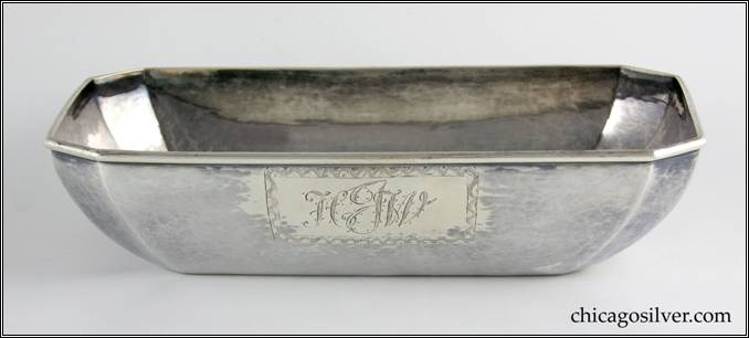Kalo bowl, rectangular, octagonal, tapering to flat bottom, with alternating long and short sides, engraved "HJW" in box on side, applied wire on rim