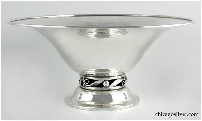 Kalo bowl, flaring, on raised foot with open scroll and bead work base and heavy, applied wire on rim. Part of console set with two matching low candlesticks.  Nicely hammered.  Rare piece from Kalo's Norse line.  