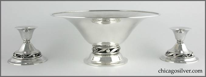 Kalo bowl, flaring, on raised foot with open scroll and bead work base and heavy, applied wire on rim. Part of console set (shown here) with two matching low candlesticks.  Nicely hammered.  Rare piece from Kalo's Norse line.  