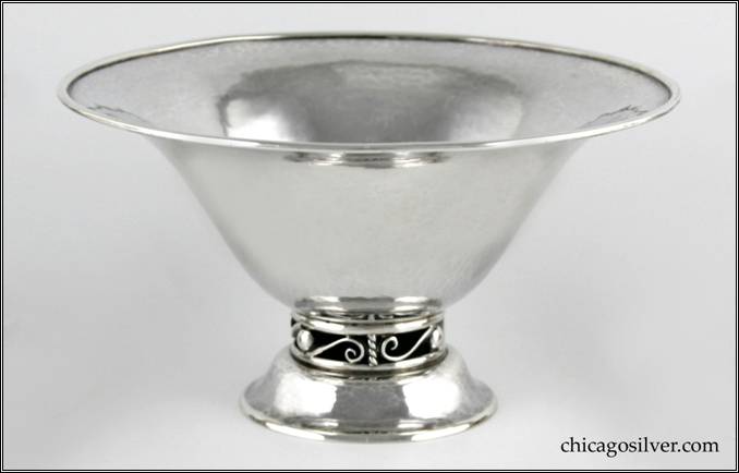 Kalo bowl, flaring, on raised foot with open scroll and bead work base and heavy, applied wire on rim.  Small version.   