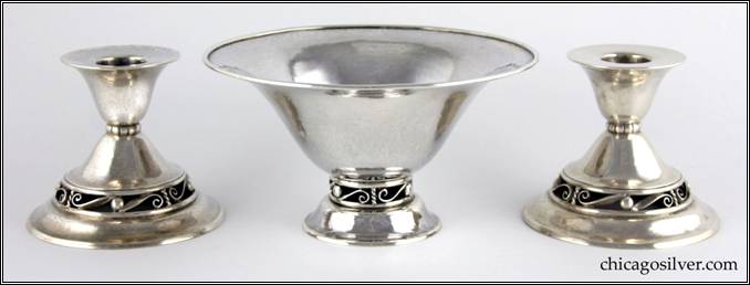 Kalo bowl, flaring, on raised foot with open scroll and bead work base and heavy, applied wire on rim.  Small version.  Part of console set (shown here) with two matching low candlesticks.  