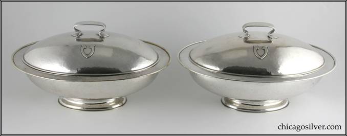 Kalo bowls, vegetable, pair (2), covered, oval form on pedestal foot with flaring sides.  