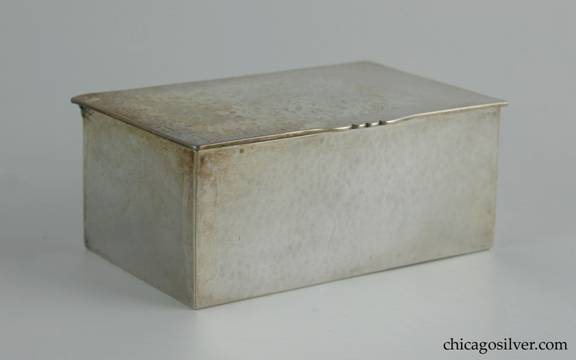 Kalo box, rectangular, with hinged over.  Hammered surface with slightly domed lid.  
