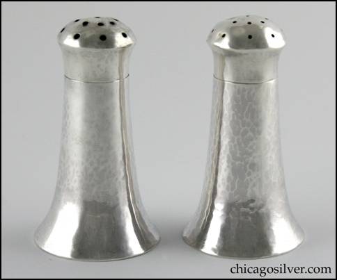 Edward H. Breese salt and pepper shakers, with wide round flat bottoms tapering upward to domed tops.  Hammered surfaces.  Somewhat similar to Breese pair on p. 102 of Darling's Chicago Metalsmiths
