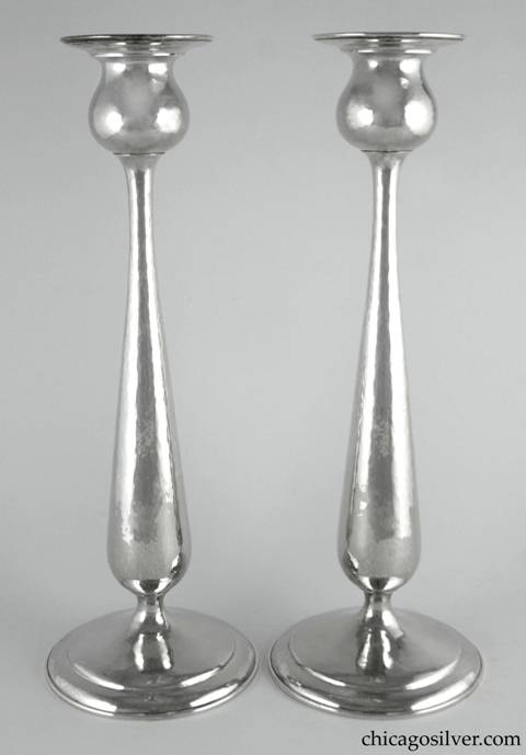 Kalo candlesticks, tall, pair (2), monumental in tulip form with broad flange at top. Nicely hammered.  15" H and 5-3/8" W at base and 3-3/8" W at top.  Marked:  STERLING / HAND WROUGHT / AT / THE KALO SHOP / G152H