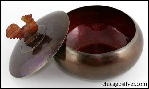 Rebecca Cauman bowl, round, copper, with removable silver lid, red-orange enameled interior and carved agate rooster finial inside small ring on lid.  