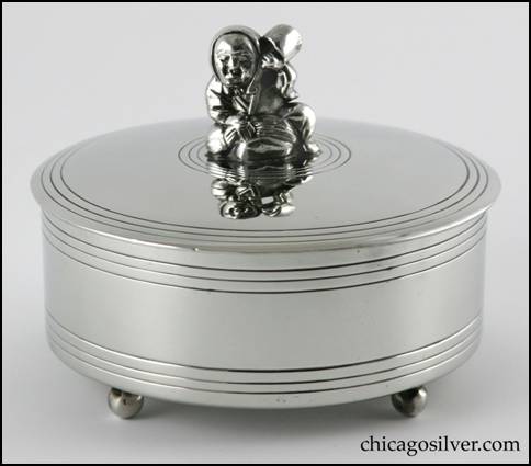 Rebecca Cauman Box, round, pewter, straight-sided, with removable tightly fitted slightly domed lid.  