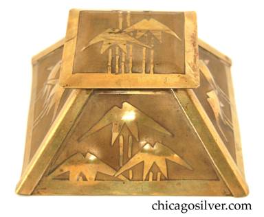 Carence Crafters desk set -- brass square inkwell with tapering sides and hinged overlapping top