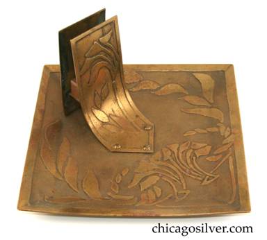 Carence Crafters tray, brass, square, with raised edge and acid-etched floral design, riveted matchbox holder