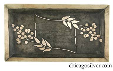 Carence Crafters tray, rectangular, with raised edge and acid-etched leaf and berry design, dark background patina