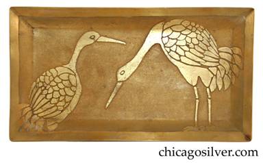 Carence Crafters tray, brass, rectangular, with raised edges and acid-etched design depicting two Sandhill cranes (Grus canadensis) that migrate every spring to the Chicago and Great Lakes area for nesting.