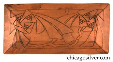 Carence Crafters tray, copper, rectangular, small, with acid-etched stylized poppy or adapted Glasgow rose design