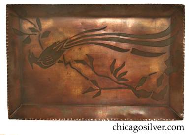 Carence Crafters tray, unusually large, with long-tailed bird of paradise resting on tall segmented branch.  Piece is very unusual for its size, its heavily hammered raised edge, and its reversed acid-etched design -- the bird and branch figure is etched and oxidized rather than the background.