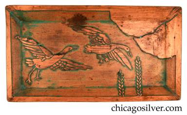 Carence Crafters tray, copper, rectangular, with acid-etched design of two ducks or geese flying over foliage into clouds