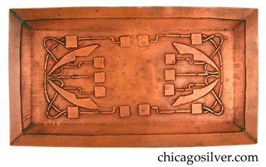 Carence Crafters tray, copper, rectangular, with raised edge and acid-etched deco floral design.  