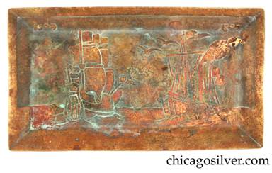 Carence Crafters tray, brass, rectangular, with raised edges and acid-etched design depicting two ships in an ocean with seagulls in the sky -- a two-masted sailing ship and steamboat, with the date 1609 above the sailing vessel and 1807 above the steamship.