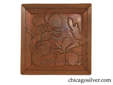 Carence Crafters tray, copper, square, with raised edges and acid-etched design depicting blossoms, stems, and leaves.  