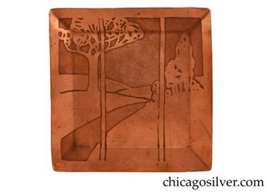 Carence Crafters tray, copper, square, with raised edges and acid-etched design depicting road curving away toward distant mountains with a large tree on the left and a small grove of trees on the right, as if seen through a window with vertical bars  