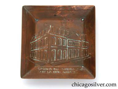 Carence Crafters tray, copper, square, small, with lifelike acid-etched rendering of a building in perspective, and the legend "SPANISH ● CABILDO ● / ● NEW ● ORLEANS ●"  [The Cabildo was built in 1799 and was the site of the transfer of Louisiana to the United States in 1803.  It later became the city hall and Supreme Court.]