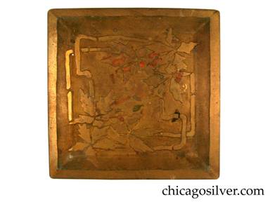 Carence Crafters tray, brass, square, with raised edge and acid-etched design of segmented leaves and angular stems