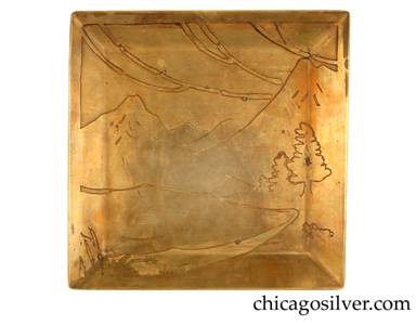 Carence Crafters tray, brass, square, with raised edge and acid-etched mountain and stream design