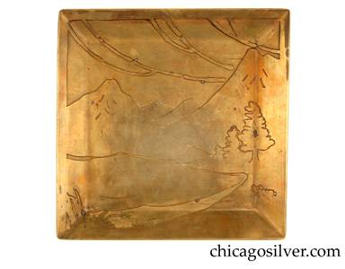 Carence Crafters tray, brass, square, with raised edge and acid-etched mountain and stream design