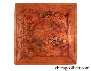 Carence Crafters tray, copper, square, with raised edges and acid-etched design depicting stems with leaves, and cluster of flowers or berries.  Some staining on surface.