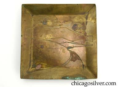 Carence Crafters tray, brass, square, with raised edges and acid-etched design depicting mountain in background with setting sun  and curving road in foreground.  Some stains on surface.