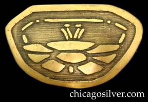 Carence Crafters brooch / pin, brass, shield-shaped, with acid-etched design of segmented crab or moth