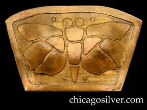 Carence Crafters brooch / pin, brass, trapezoidal with wide curving top and acid-etched design of segmented moth within outer raised frame