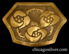 Carence Crafters brooch, brass, large, shield-shaped with straight top and sides and curved bottom, with acid-etched geometric floral design