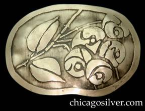 Carence Crafters brooch, white metal, large, freeform oval shape, with acid-etched Glasgow rose design of flowers on wooded, segmented stem atop two leaves