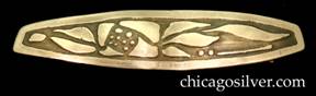 Carence Crafters hair clip or barrette, German silver, oval with squared off ends and acid-etched floral design.  Double spring clip on back for holding hair.