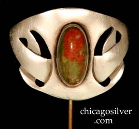 Carence Crafters hatpin, sterling, oval, with cutouts on each side, centering a large green and orange oval bezel-set cabochon stone