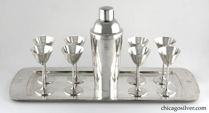 Kalo cocktail set, ten-piece (10), including large rectangular tray with broad raised flange, eight cocktail glasses and large cocktail shaker, all with engraved S monogram
