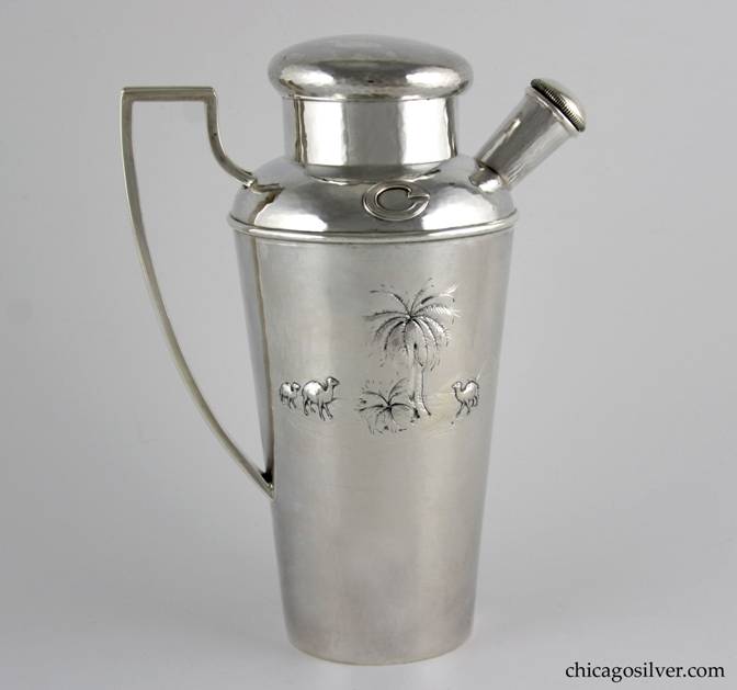 Kalo cocktail mixer, very unusual, with elaborate repouss design on side.  