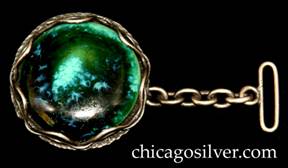 Forest Craft Guild watch fob, with short chain and large circular bezel-set thick ceramic mottled blue-green stone with undulating wire around the edge.  