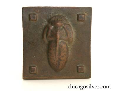 Forest Craft Guild bookend, single, brass, with deep repousse scarab beetle, and four small repousse squares at the corners.  