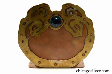 Forest Craft Guild bookends, pair (2), heavy gauge copper with riveted cutout brass applied decoration and large round blue and purple bezel-set cabochon stone.  Brass cutouts are slightly different on each piece.  