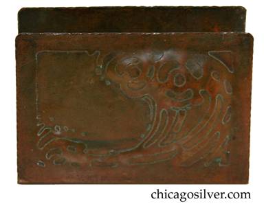 Forest Craft Guild letter holder, copper, rectangular with rounded corners and swirling acid-etched and repousse framed design of ocean wave cresting.  Wonderful rich patina.