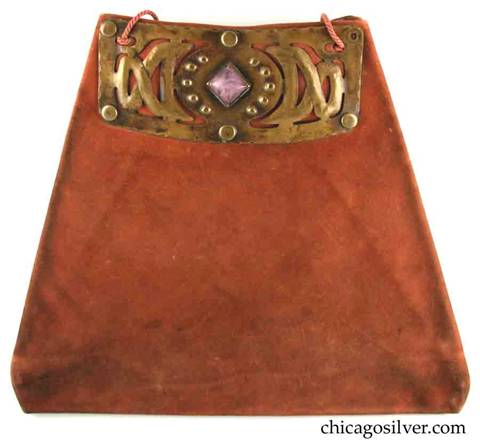 Forest Craft Guild handbag, ooze leather, lined, trapezoidal, with riveted cutout and repousse brass hardware at top centering diamond-shaped square pink bezel-set stone on each side.  Original twisted silk cord handle.  