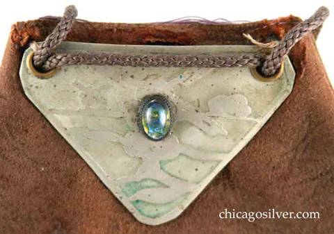 Forest Craft Guild handbag, detail, showing typical Forest Craft acid-etched decoration and use of stones.