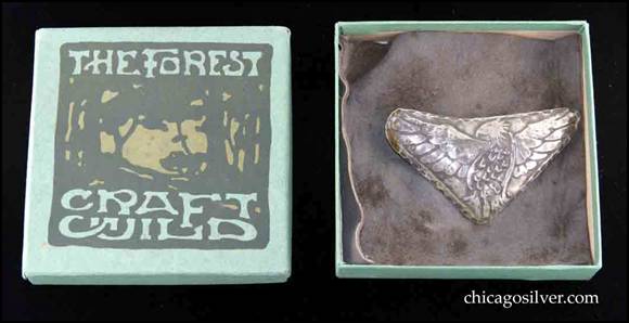 German silver Forest Craft Guild brooch on original ooze leather backing in original presentation box.