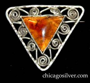 Forest Craft Guild brooch, triangular, silver, centering triangular bezel-set amber stone, with coiled wirework frame.