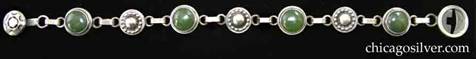 Laurence Foss bracelet with cabochon chrysoprase stones on stepped small round silver frames